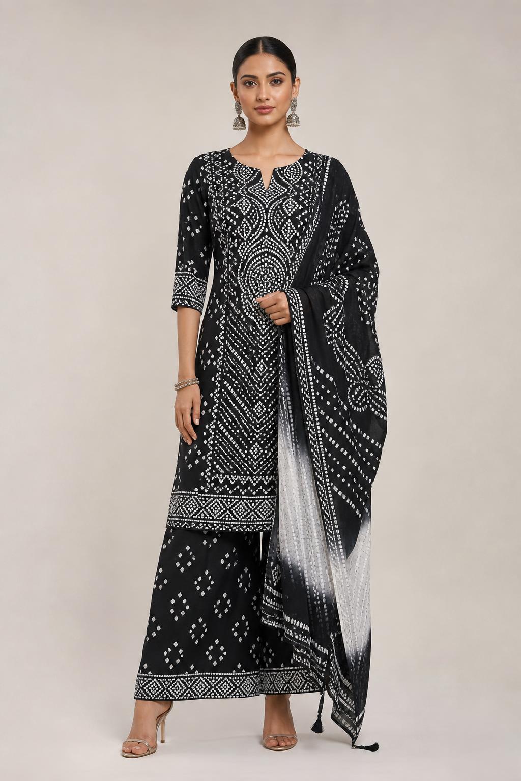 Premium Women's Kurta Set — Black & White Bandhani Print